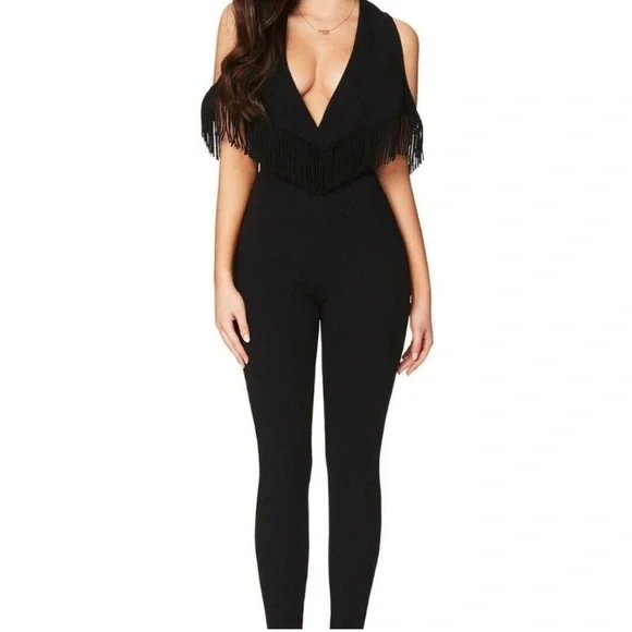 Nookie Womens Iris Black Fringe Skinny Leg Evening Jumpsuit‎ NWT - Picture 3 of 14